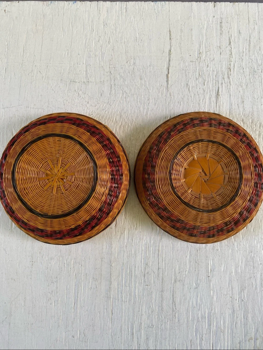 Handwoven Round Wicker/Bamboo Decorative Box - Brown with Red and Black Accents